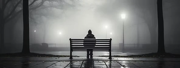Person sitting on bench in fog - loneliness and substance use